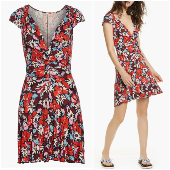 Free People Key to Your Heart Floral Mini Dress Ribbed Stretchy Bohemian size L - Picture 1 of 13